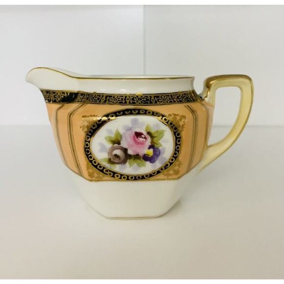 Noritake Creamer Orange Black Gold Hand Painted Floral Design Vintage 6 Sided - Picture 1 of 9